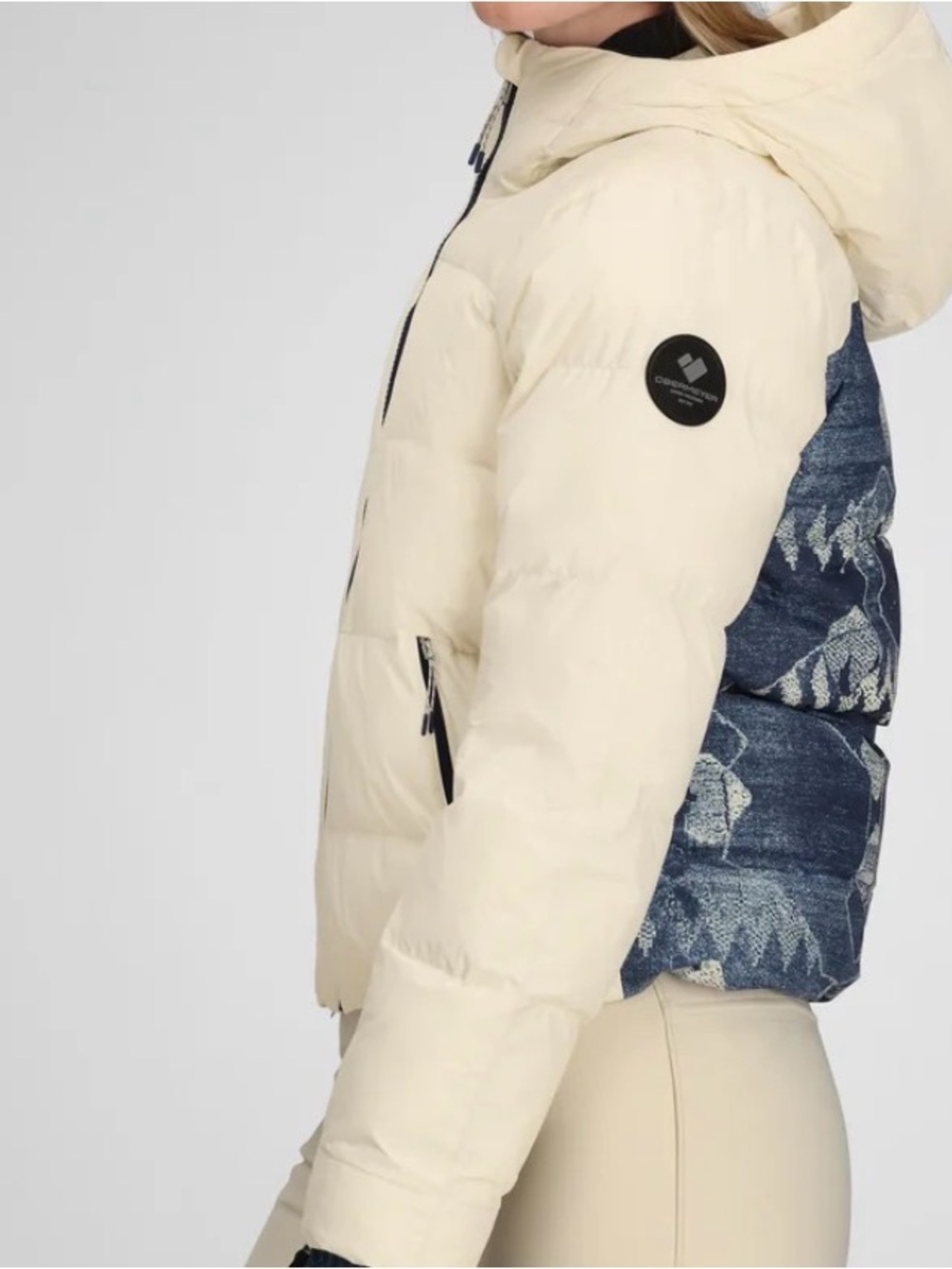Obermeyer Cream Puffer Jacket with Blue Patterned Back